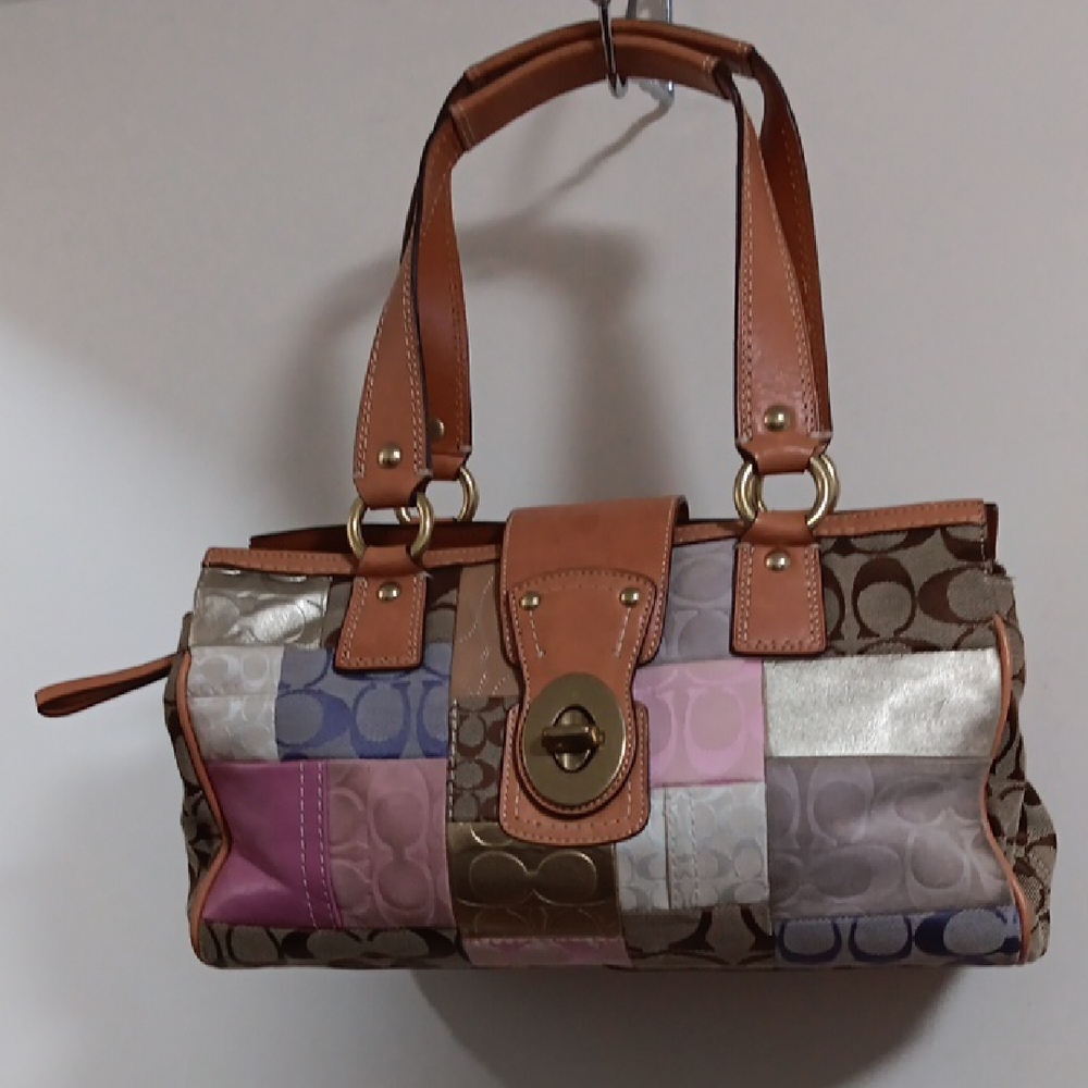 Coach Brown and Pink Satchel with Signature Patchwork Design
